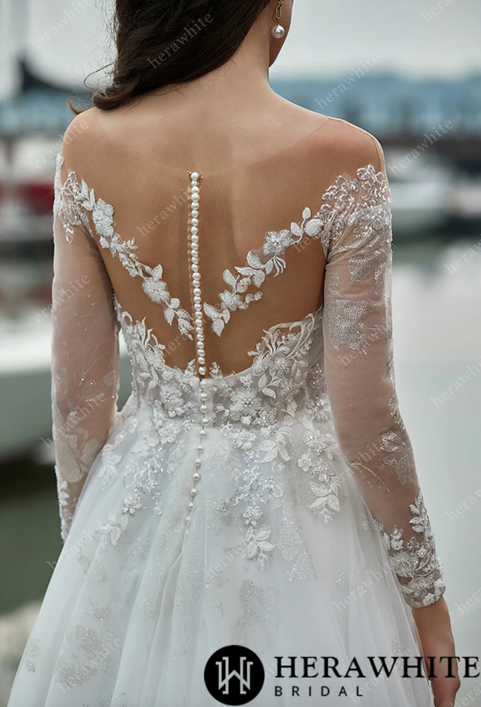 
                      
                        Shimmer Long Sleeves Wedding Dress with Illusion Back
                      
                    