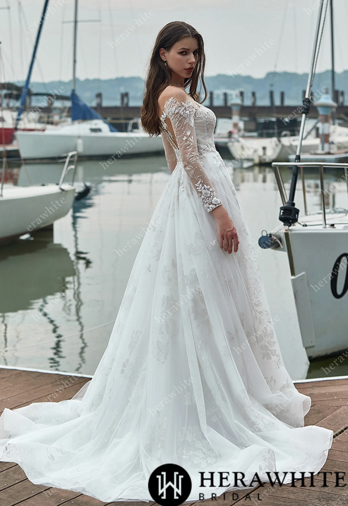 
                      
                        Shimmer Long Sleeves Wedding Dress with Illusion Back
                      
                    