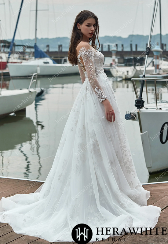 Shimmer Long Sleeves Wedding Dress with Illusion Back