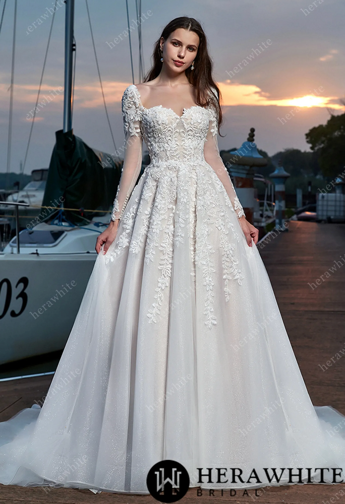 Elegant Vine Long Sleeve Sweetheart Wedding Dress