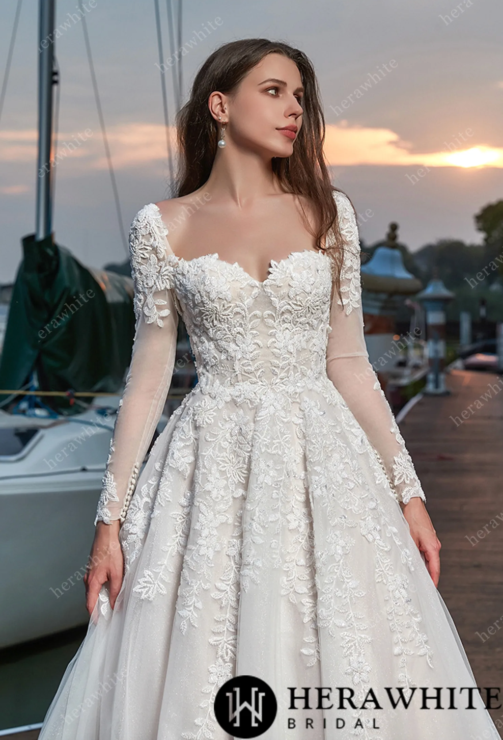 Elegant Vine Long Sleeve Sweetheart Wedding Dress