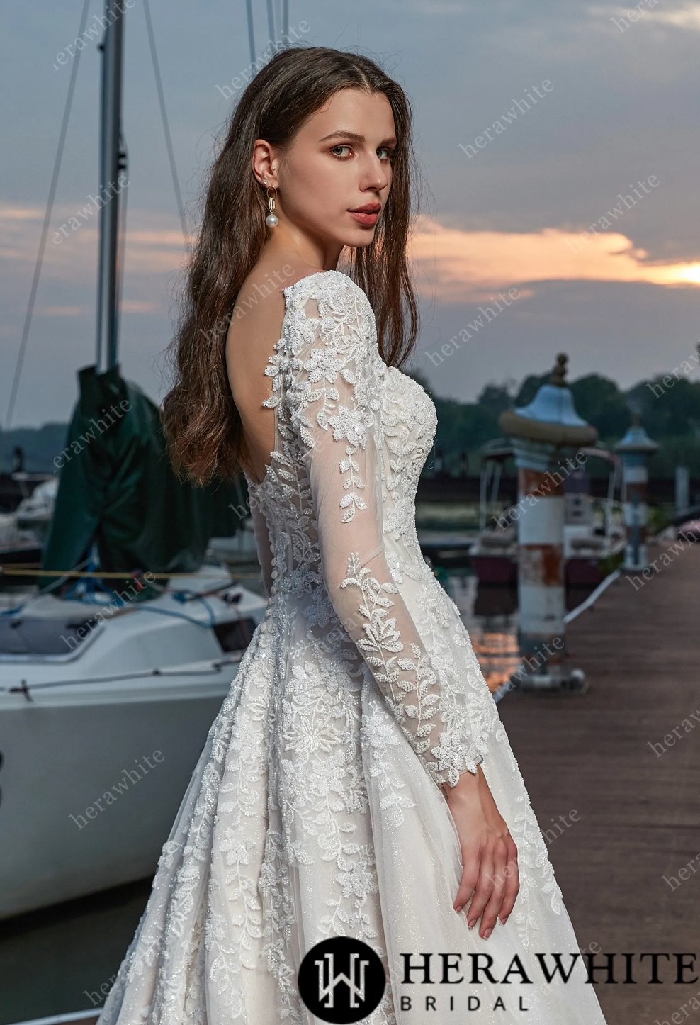 Elegant Vine Long Sleeve Sweetheart Wedding Dress