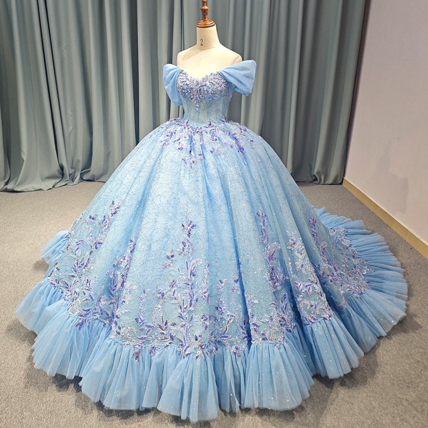 Blue V-neck Tulle Tiered Puff Sleeves Ball Gown Quinceanera Dress