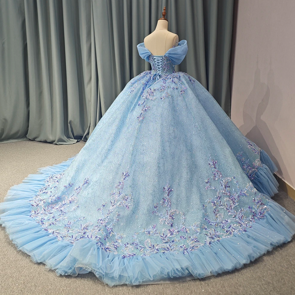 Blue V-neck Tulle Tiered Puff Sleeves Ball Gown Quinceanera Dress