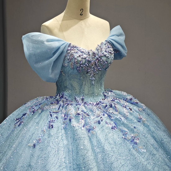 Blue V-neck Tulle Tiered Puff Sleeves Ball Gown Quinceanera Dress ...