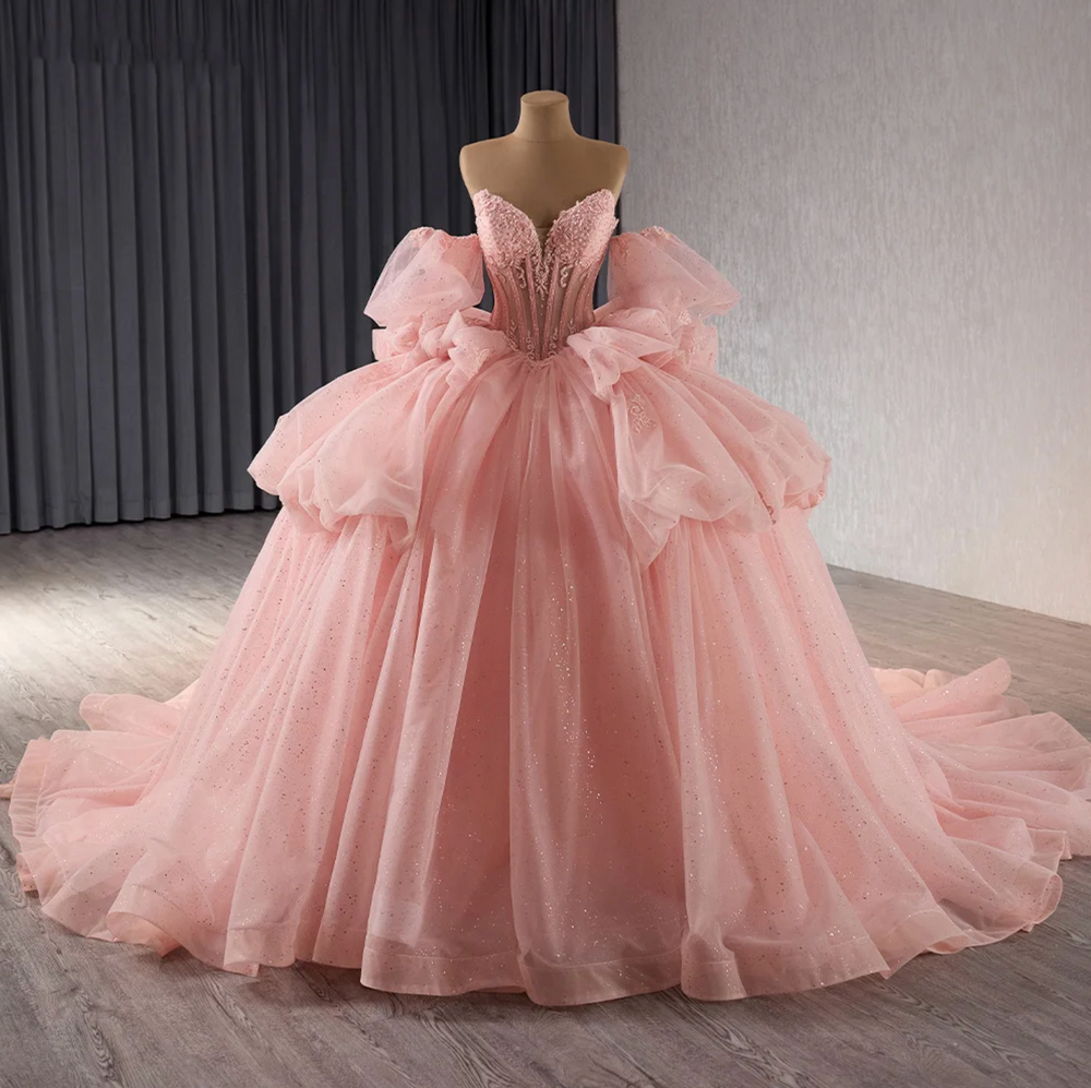 Pink Quinceañera Dress Beaded Crystals Detachable Sleeves Ball Gown