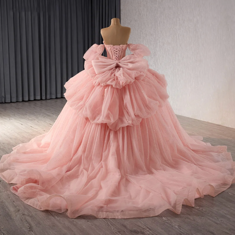 Pink Quinceañera Dress Beaded Crystals Detachable Sleeves Ball Gown