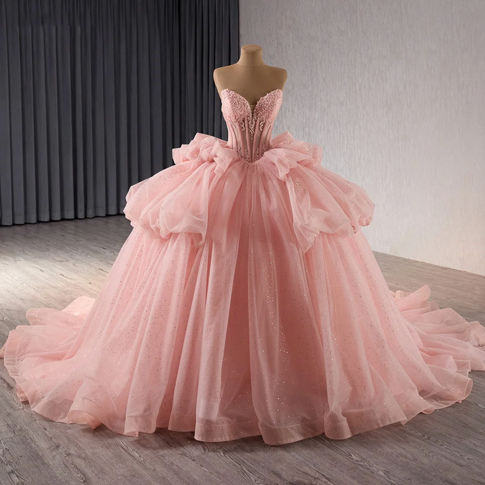 
                      
                        Pink Quinceañera Dress Beaded Crystals Detachable Sleeves Ball Gown
                      
                    