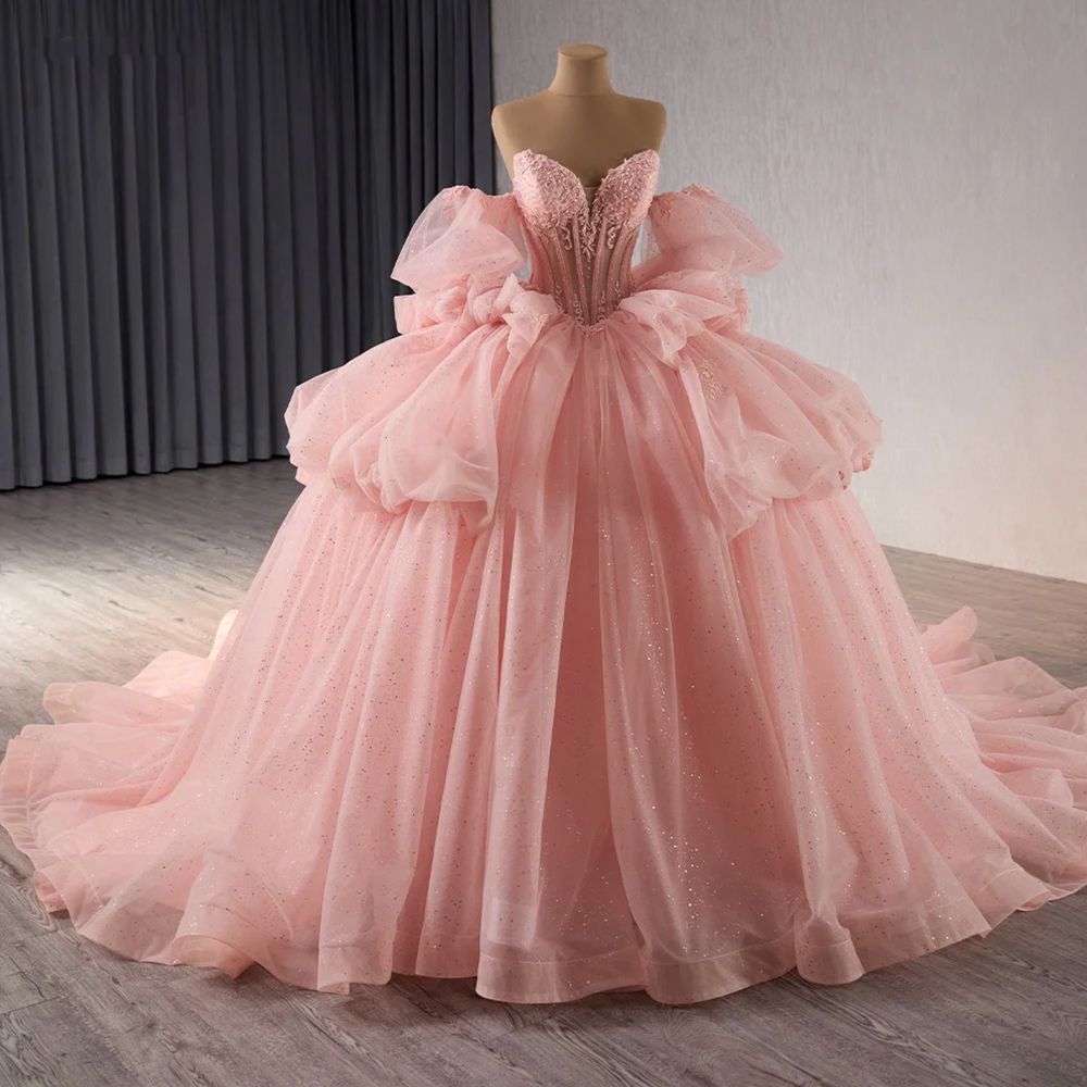 
                      
                        Pink Quinceañera Dress Beaded Crystals Detachable Sleeves Ball Gown
                      
                    