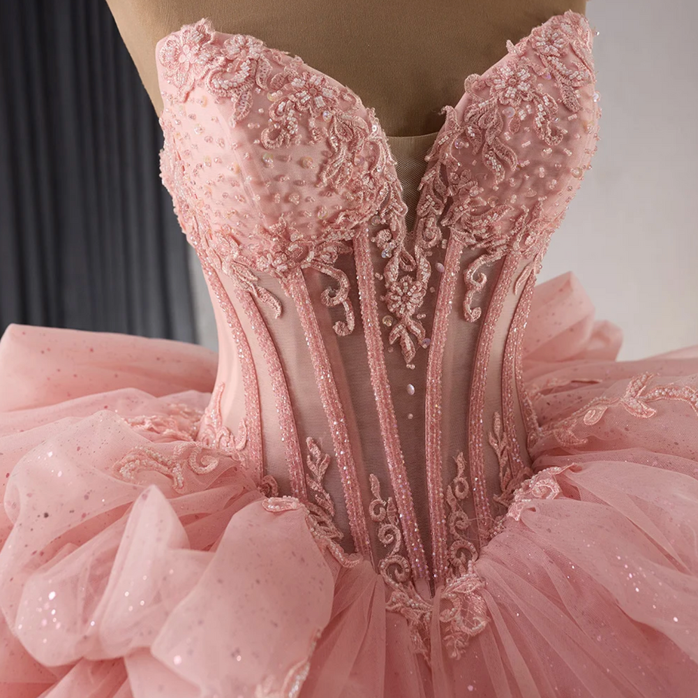 
                      
                        Pink Quinceañera Dress Beaded Crystals Detachable Sleeves Ball Gown
                      
                    