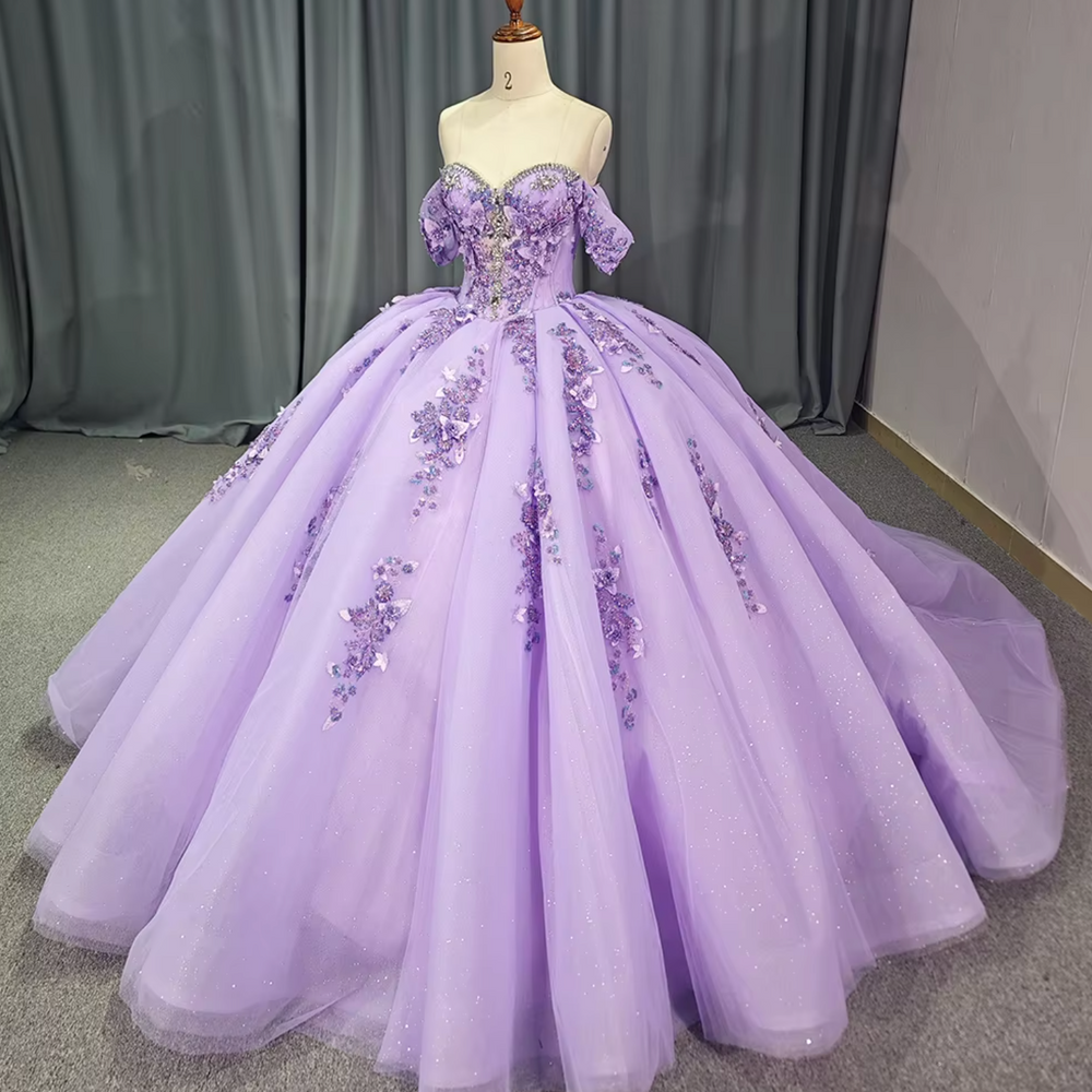 Quinceanera Dress Purple Princess Crystal Off The Shoulder