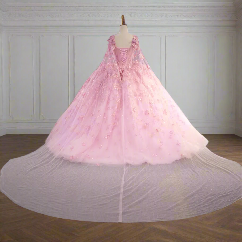 Pink Dress With Pink Cape Ball Gown Quinceañera