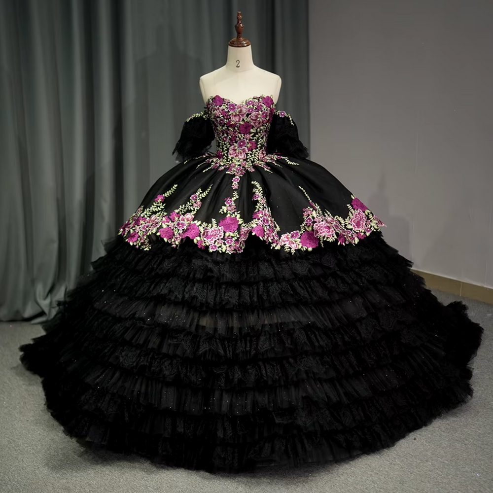 Elegant Detachable Sleeve Princess Ball Gown Black Quinceanera Dress