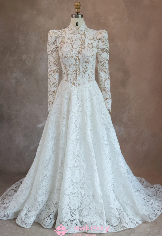 Romantic Lace High Neck Wedding Dress With Long Sleeves