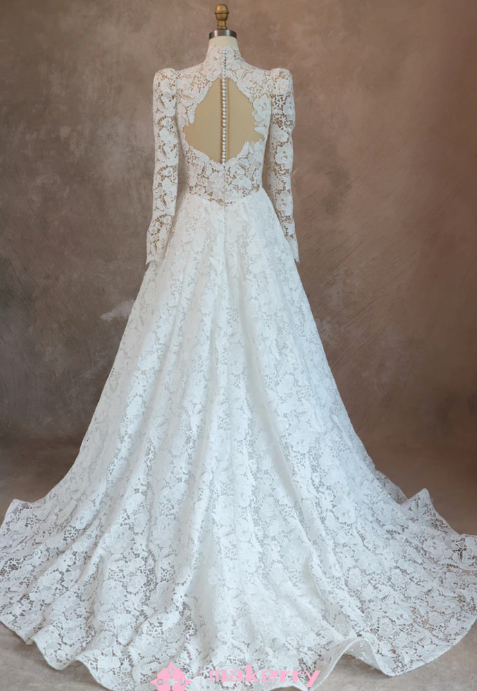 Romantic Lace High Neck Wedding Dress With Long Sleeves