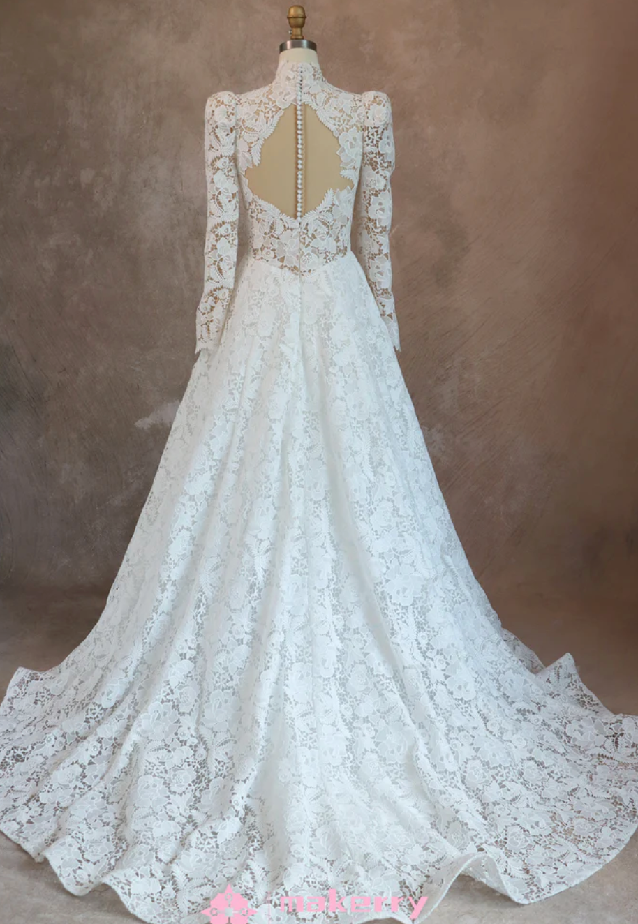 Romantic Lace High Neck Wedding Dress With Long Sleeves