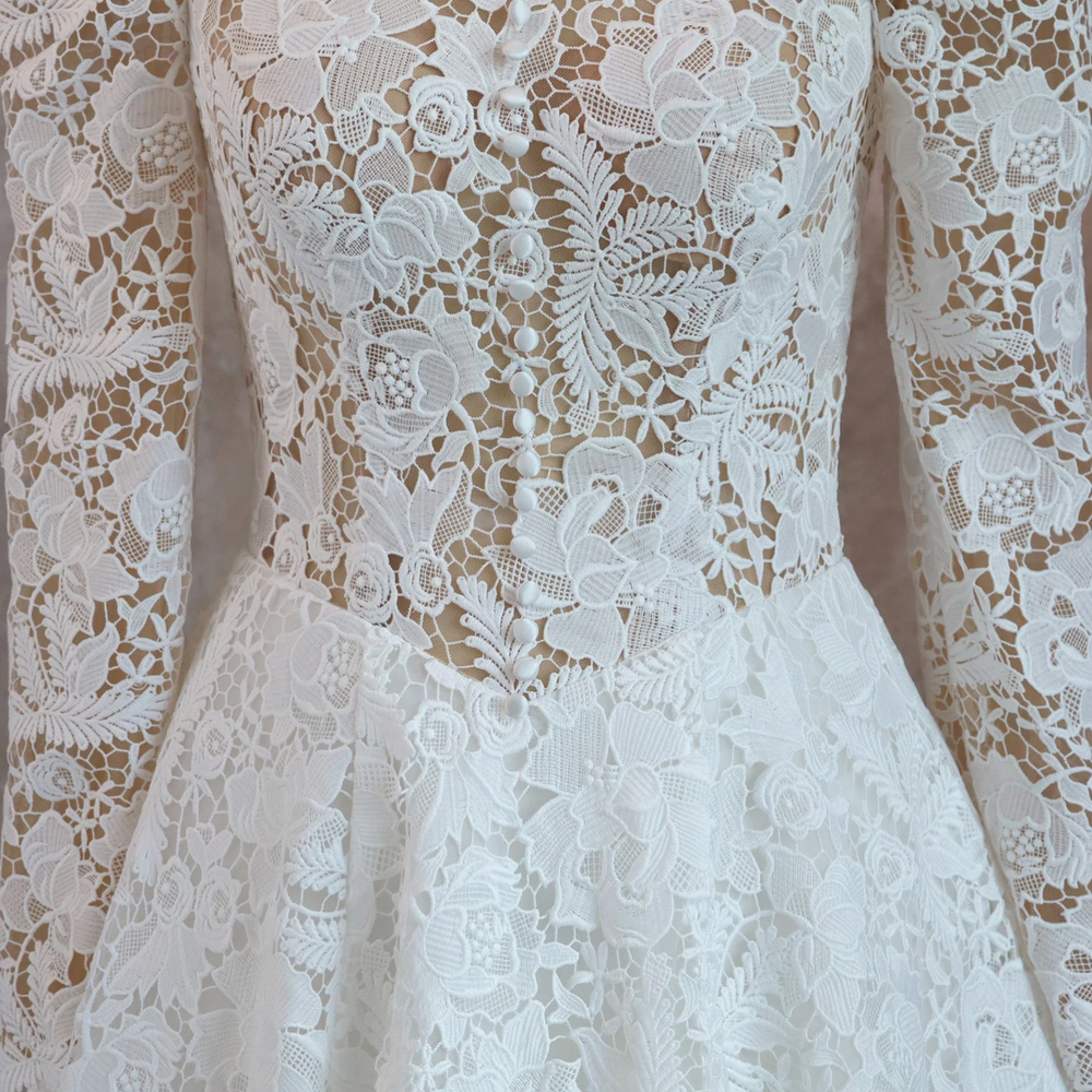 
                      
                        Romantic Lace High Neck Wedding Dress With Long Sleeves
                      
                    