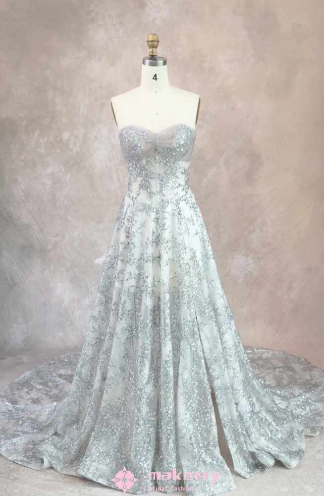 Glittering Silver Wedding Gown With Split