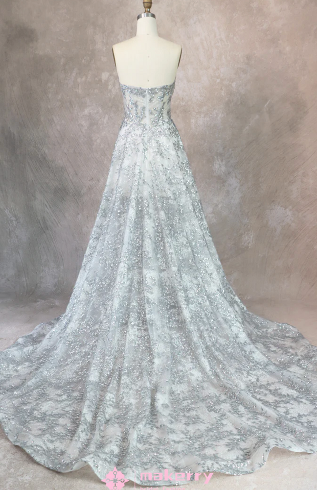 Glittering Silver Wedding Gown With Split