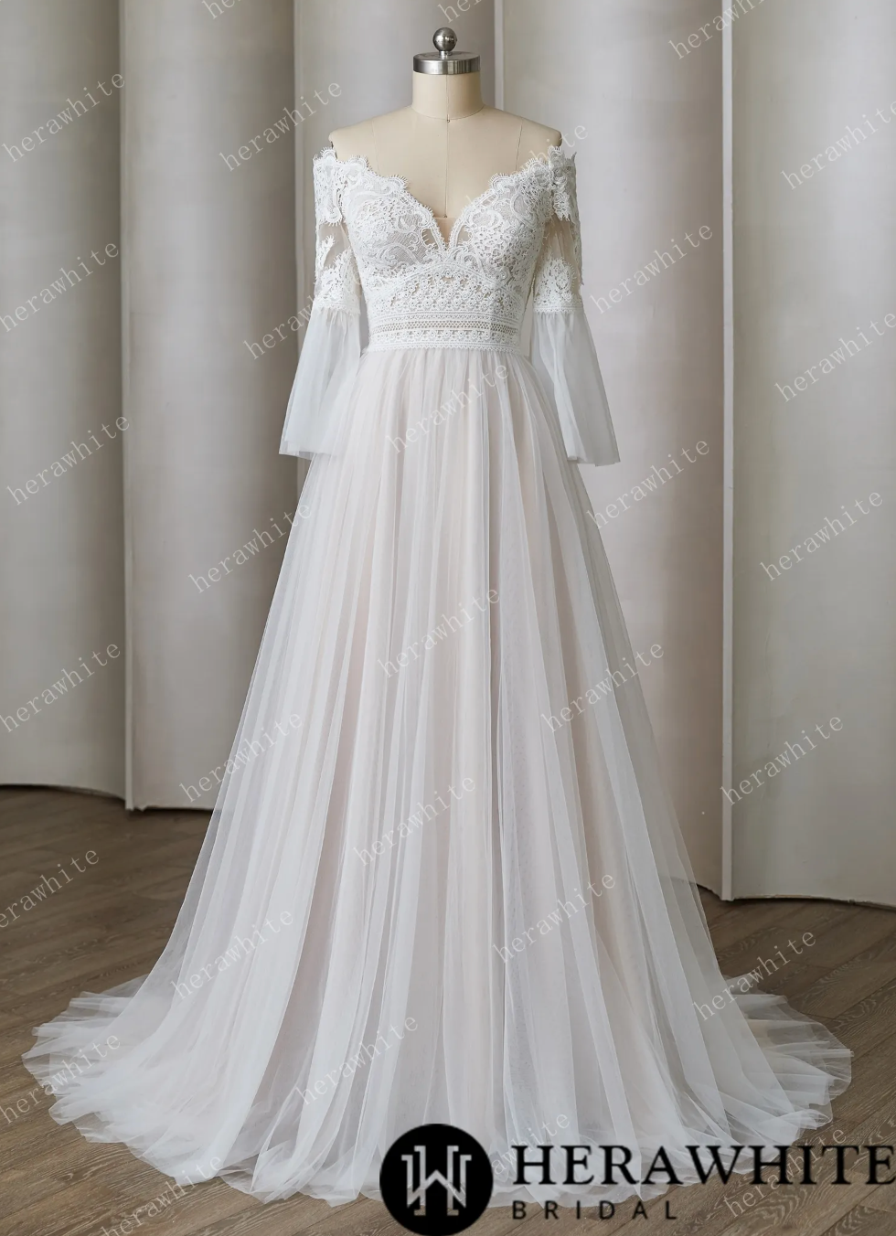 Tulle Beach Wedding Dress with Bell Sleeve