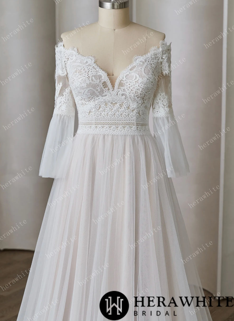 Tulle Beach Wedding Dress with Bell Sleeve