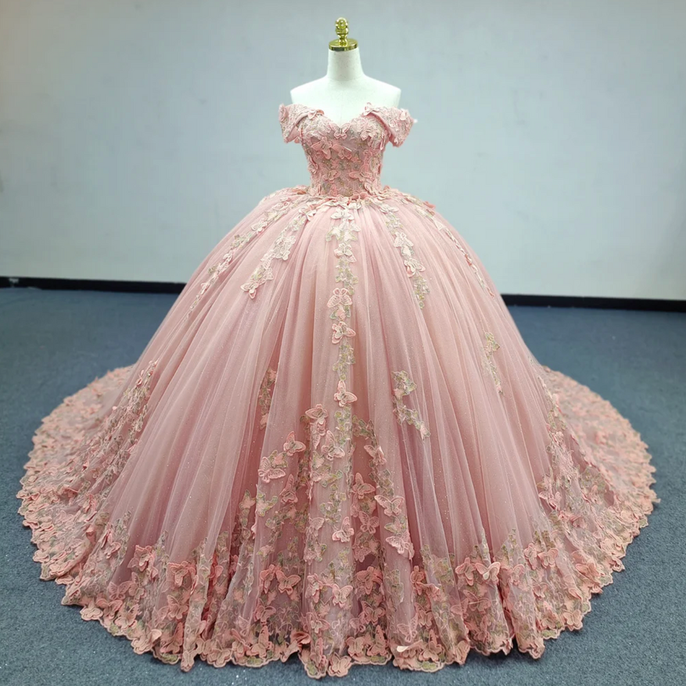 Pink Quinceanera Dress Butterfly Flowers