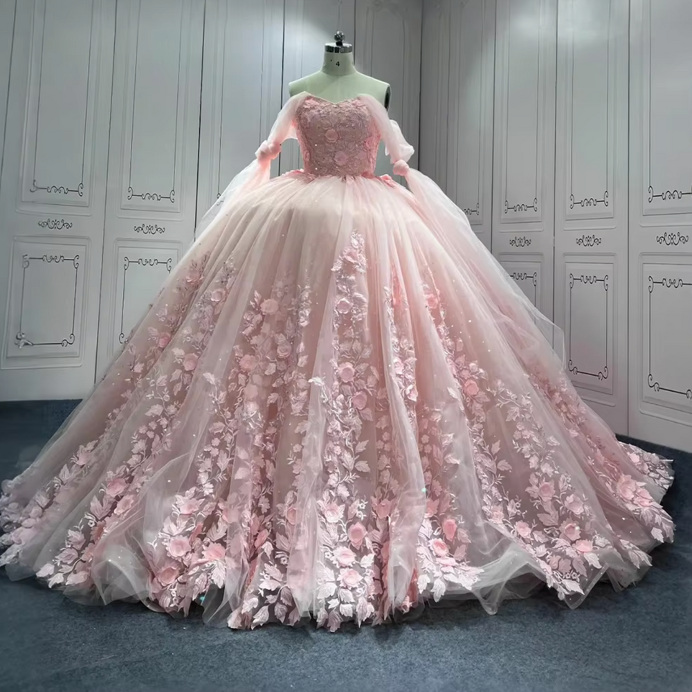 
                      
                        Pink Lace Off The Shoulder Quinceanera Dress
                      
                    