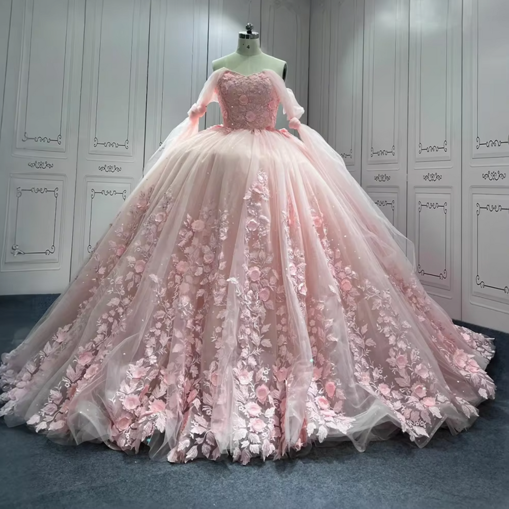 Pink Lace Off The Shoulder Quinceanera Dress