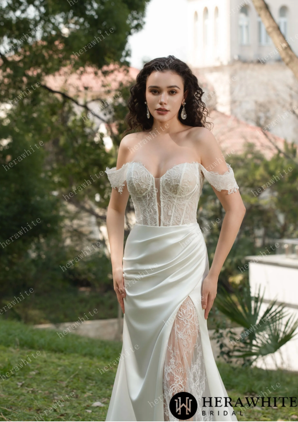 Chantilly Lace Wedding Dress With Off-the-Shoulder Straps & Elegant Illusion Bodice