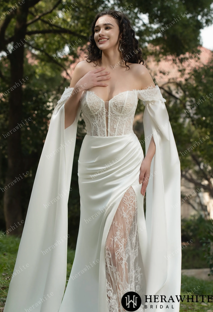 Chantilly Lace Wedding Dress With Off-the-Shoulder Straps & Elegant Illusion Bodice