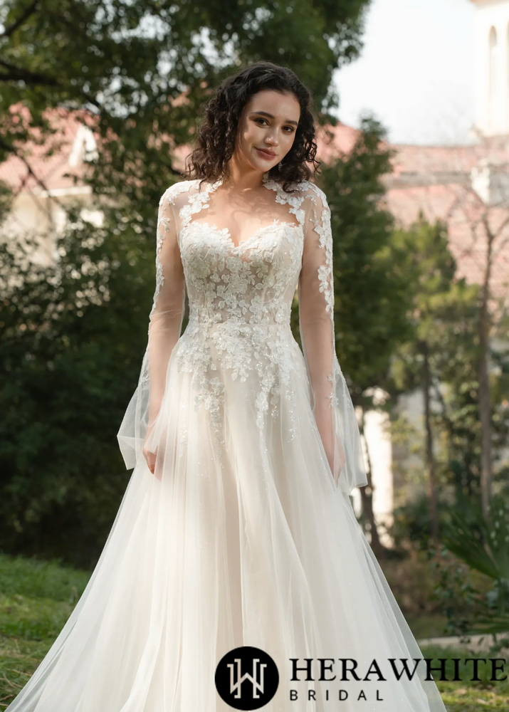 Ethereal Blossom Lace Long-Sleeve Wedding Gown