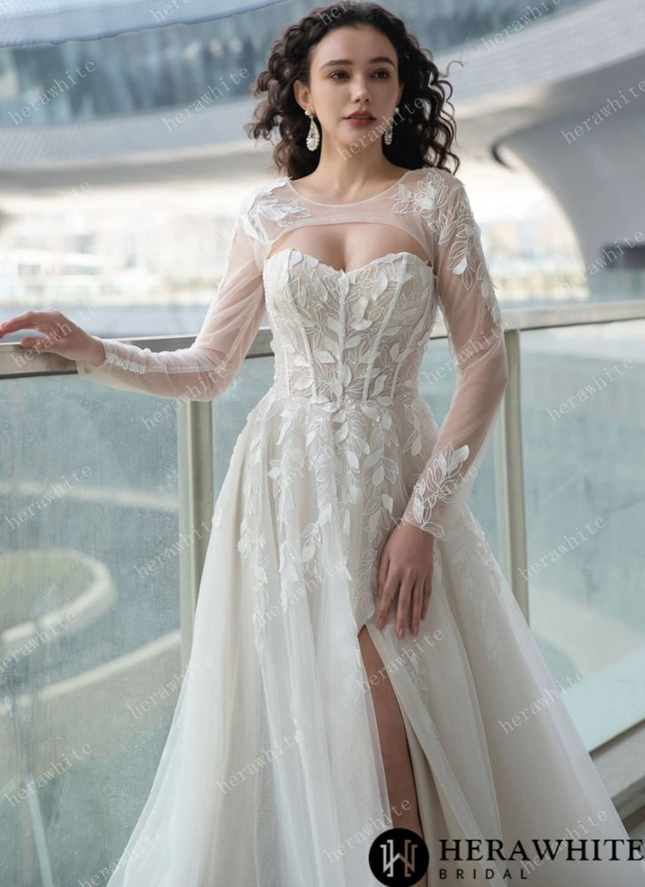 Sweetheart Lace Appliqué Wedding Gown with High-Slit A-Line Skirt