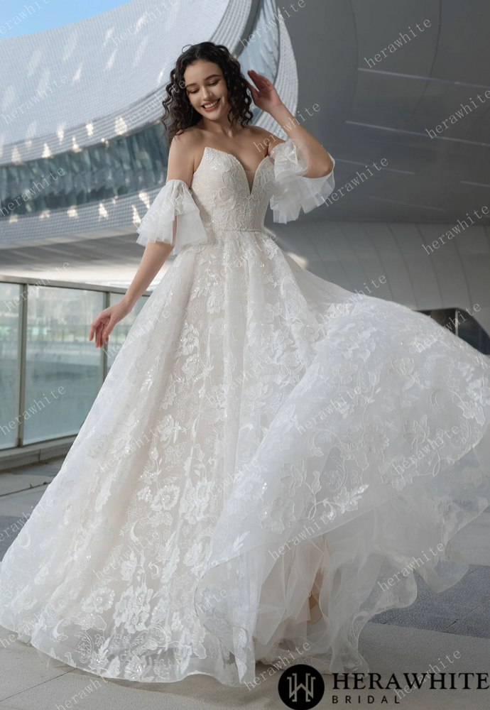 V-Neck Allover Lace Wedding Dress with Removable Ruffle Sleeves