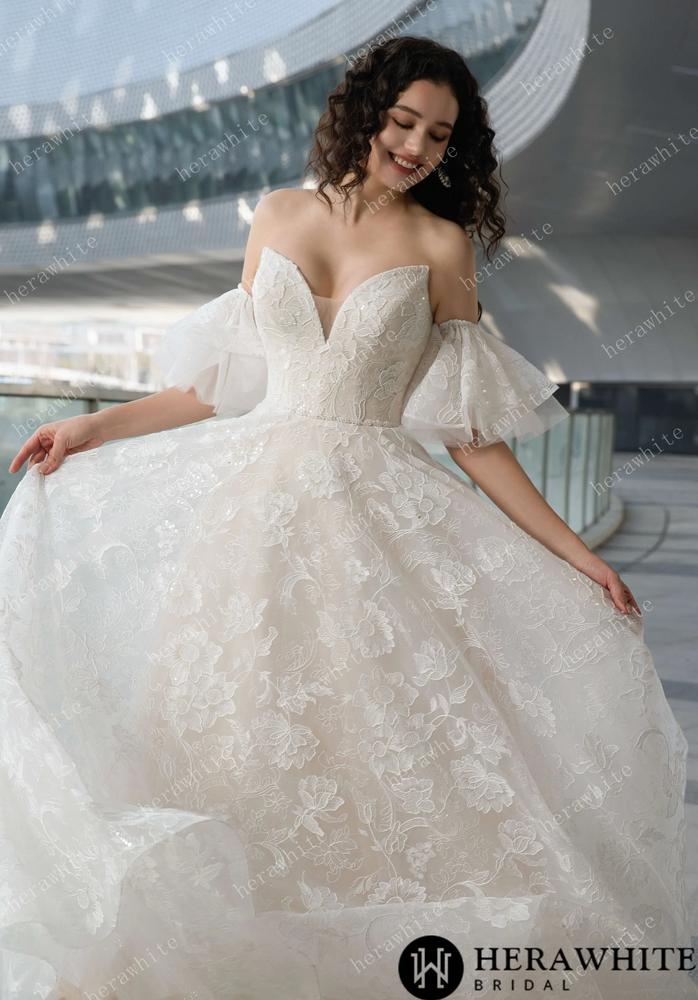 V-Neck Allover Lace Wedding Dress with Removable Ruffle Sleeves