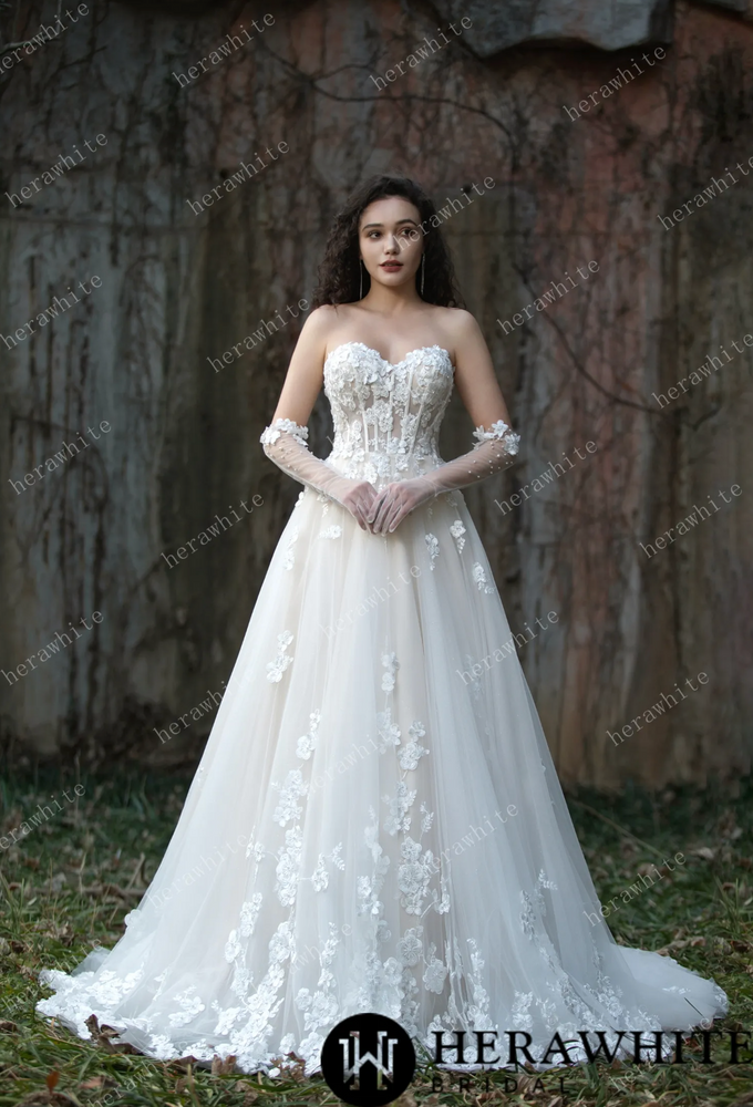 Strapless Tulle Wedding Ball Gown with 3D Embroidery Flowers