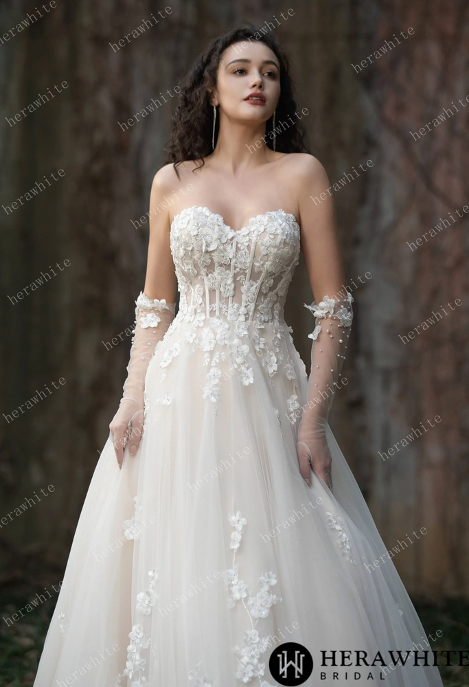 Strapless Tulle Wedding Ball Gown with 3D Embroidery Flowers