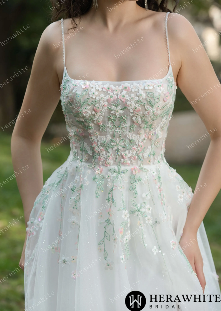 Colorful Embroidered Floral With Spaghetti Straps Square Neck Wedding Dress