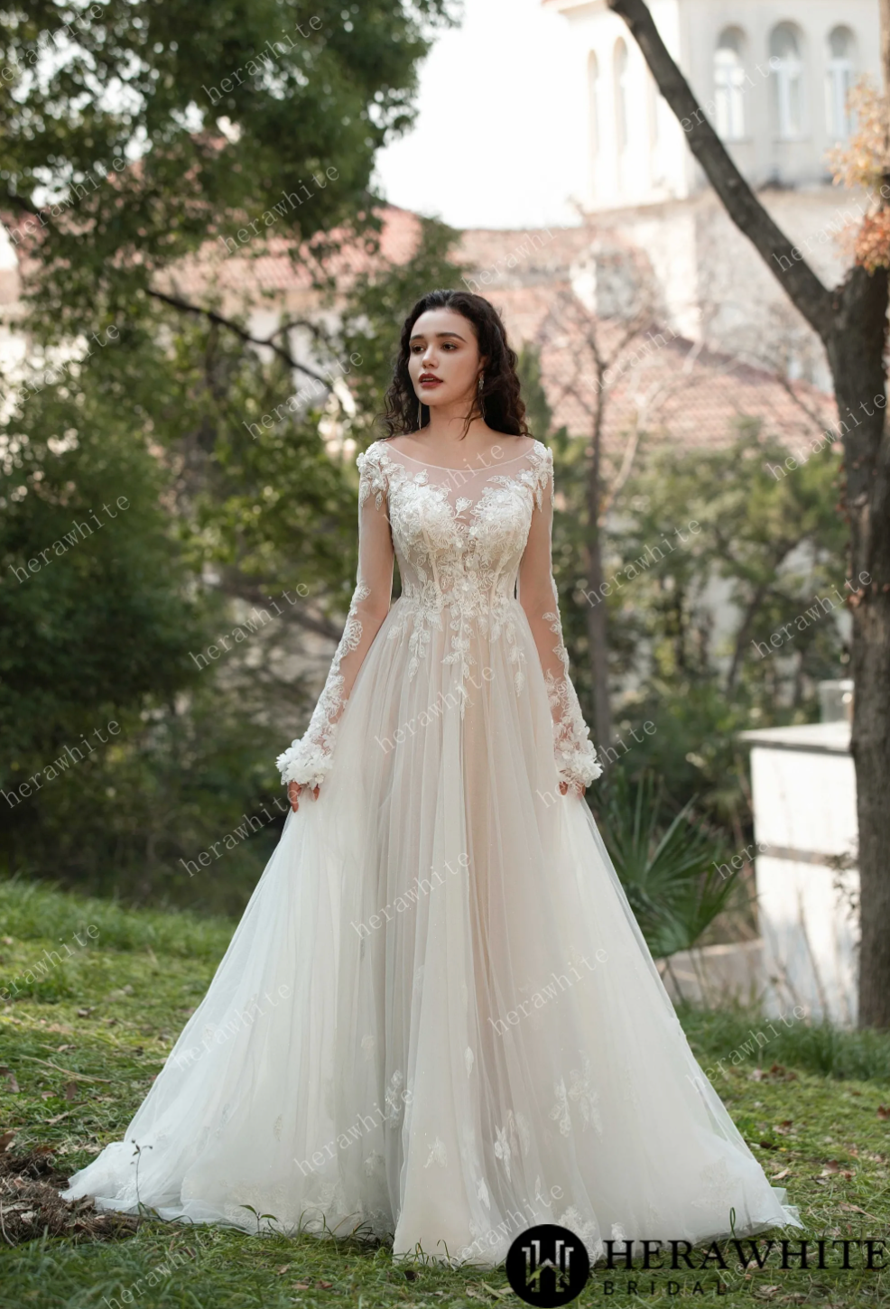 3D Flower Bateau Neckline Long Sleeve Eternal Lace Gown