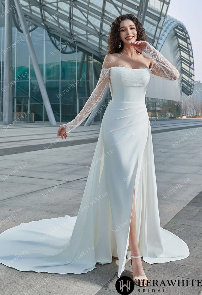 Modern Glam-Off-the-Shoulder Bridal Gown with Thigh-High Slit & Delicate Lace Sleeves