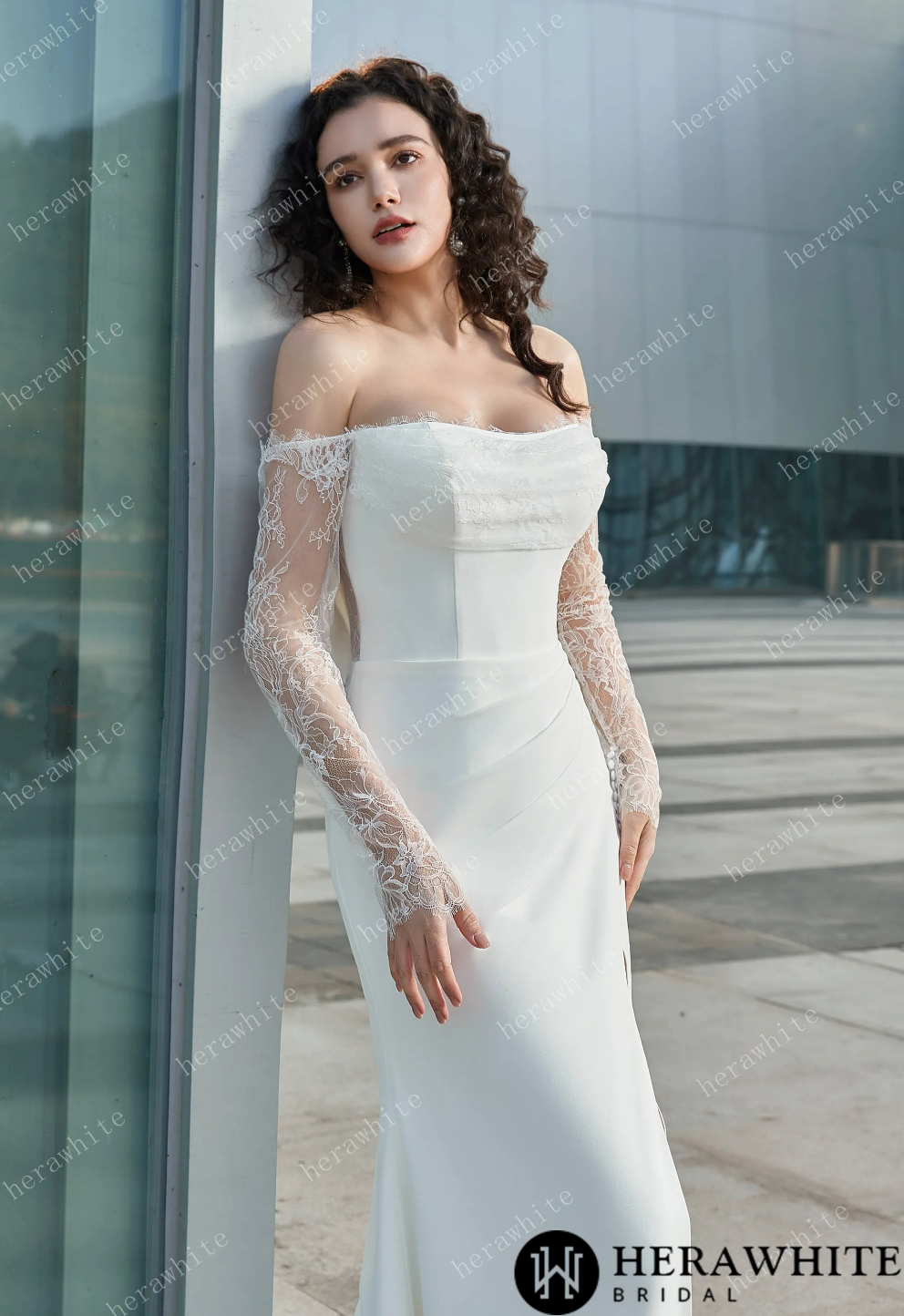 Modern Glam-Off-the-Shoulder Bridal Gown with Thigh-High Slit & Delicate Lace Sleeves