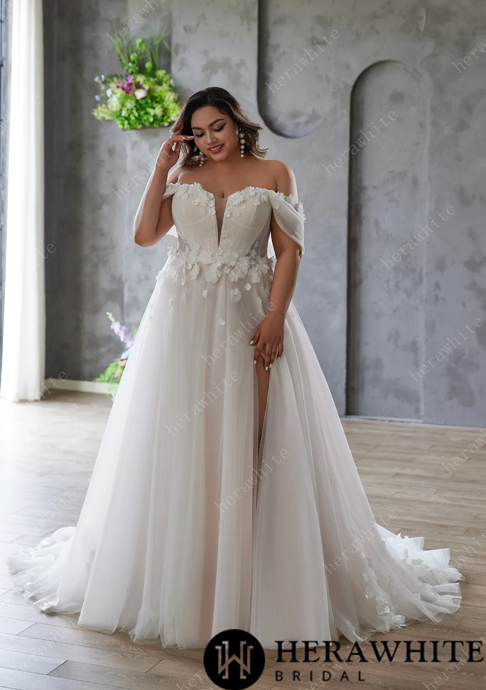 3D Floral Appliques with A Sexy Slit Wedding Dress
