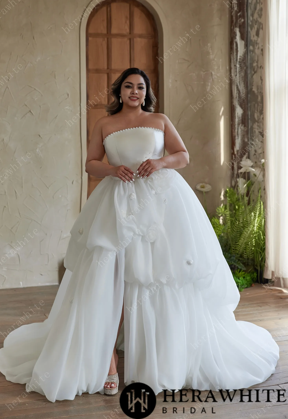 Pearl Trimmed Strapless Ball Gown Wedding Dress with Floral Accents