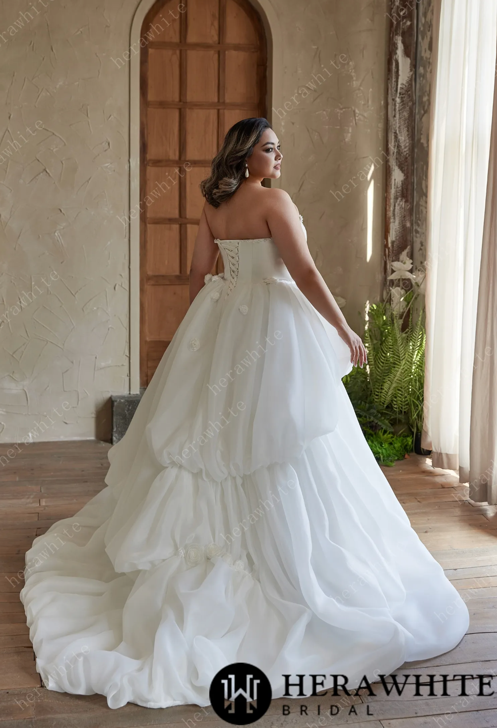 Pearl Trimmed Strapless Ball Gown Wedding Dress with Floral Accents