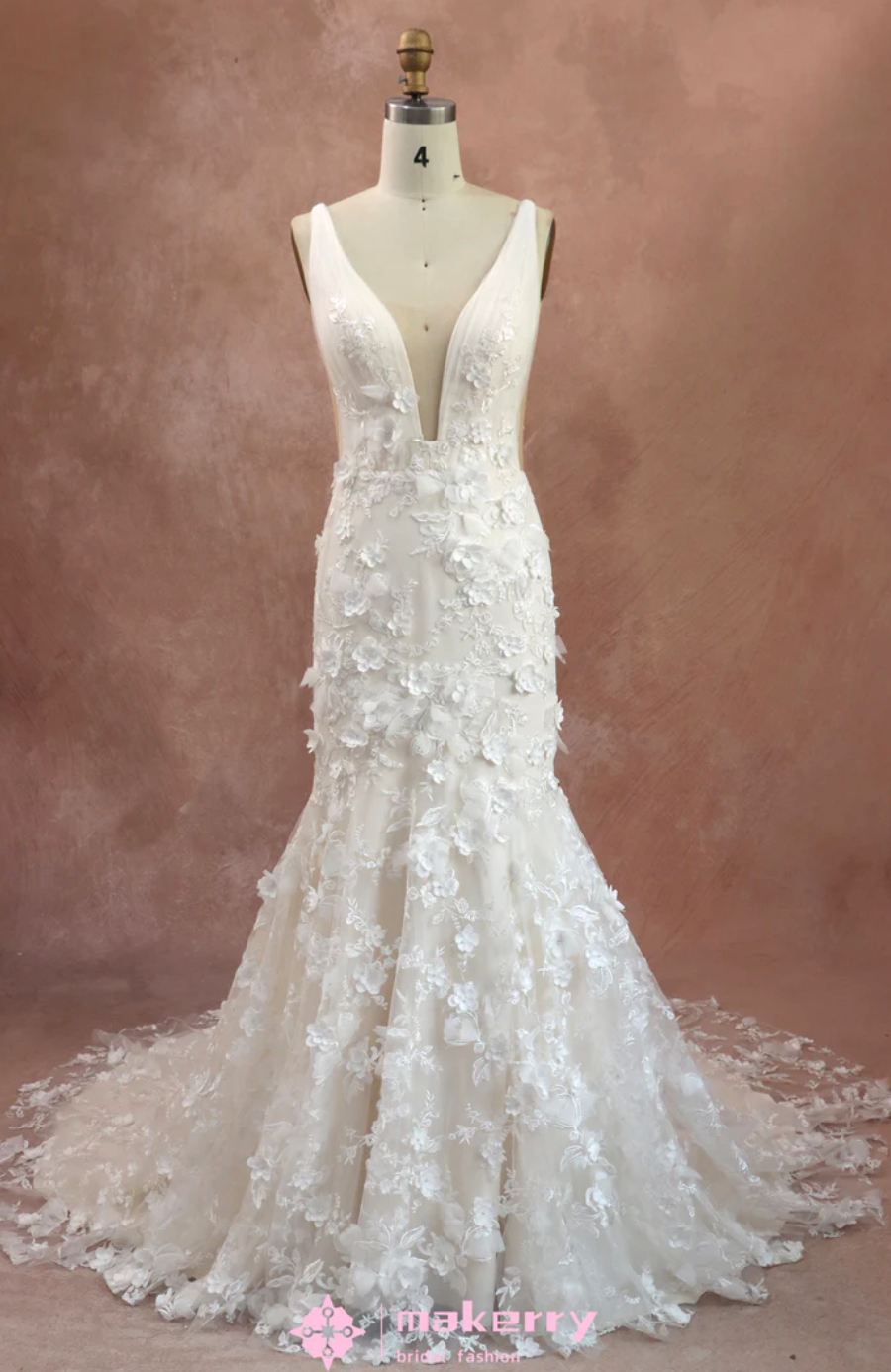3D Flowers Lace Wedding Dress With Deep V-neckline