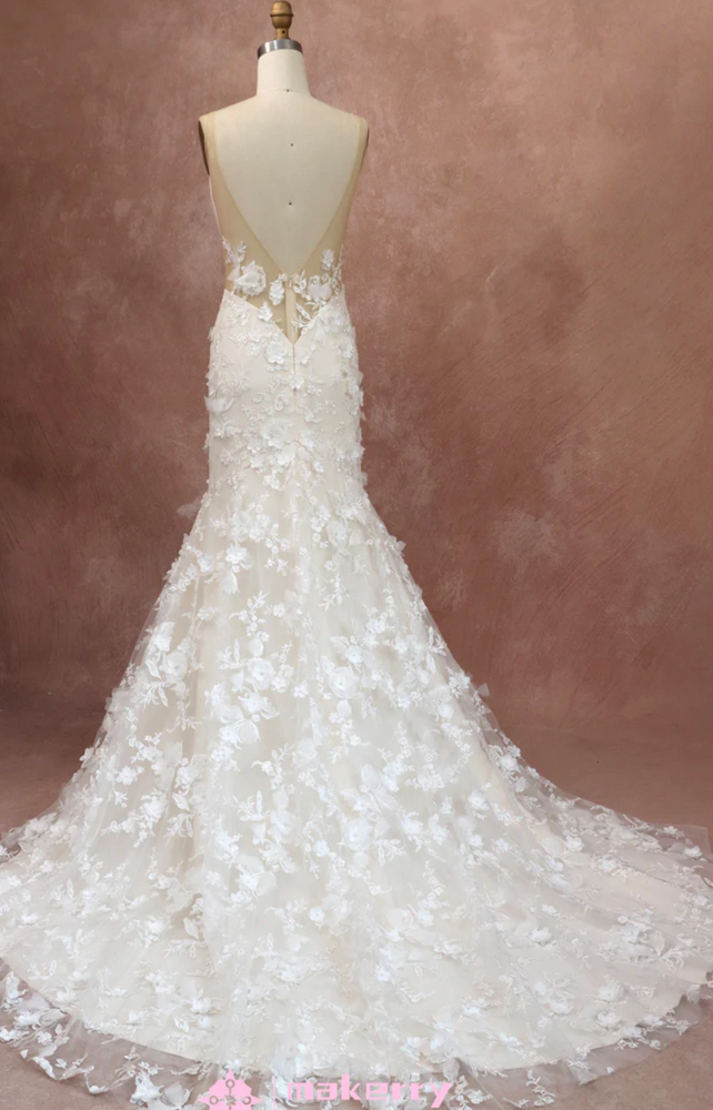 3D Flowers Lace Wedding Dress With Deep V-neckline