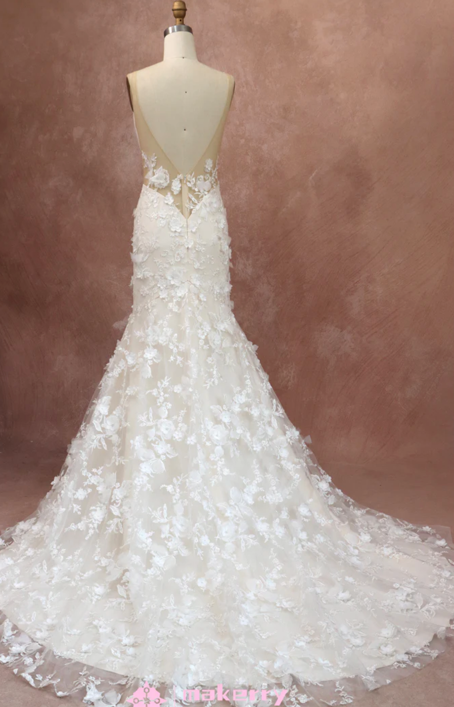 3D Flowers Lace Wedding Dress With Deep V-neckline