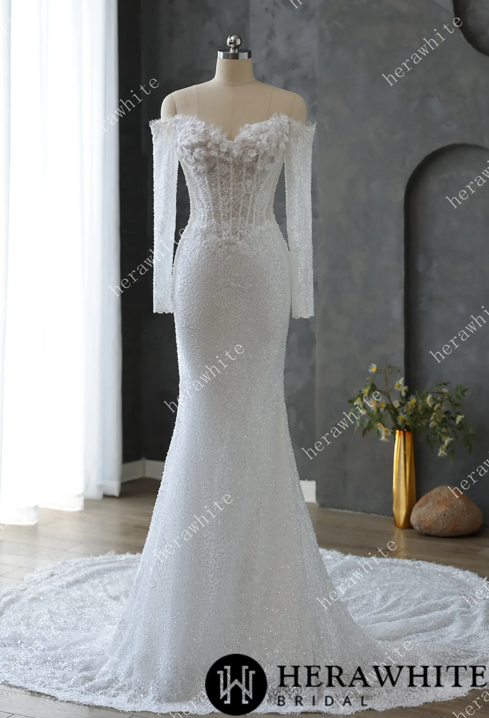 White lace wedding dress on a mannequin
