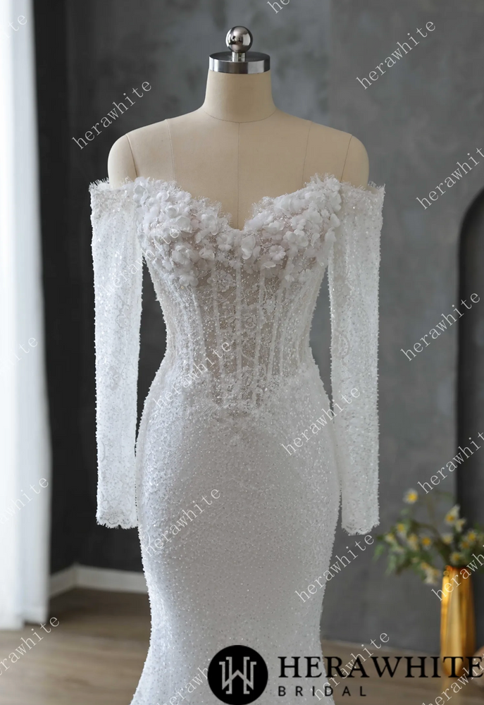 
                      
                        White lace wedding dress on a mannequin
                      
                    