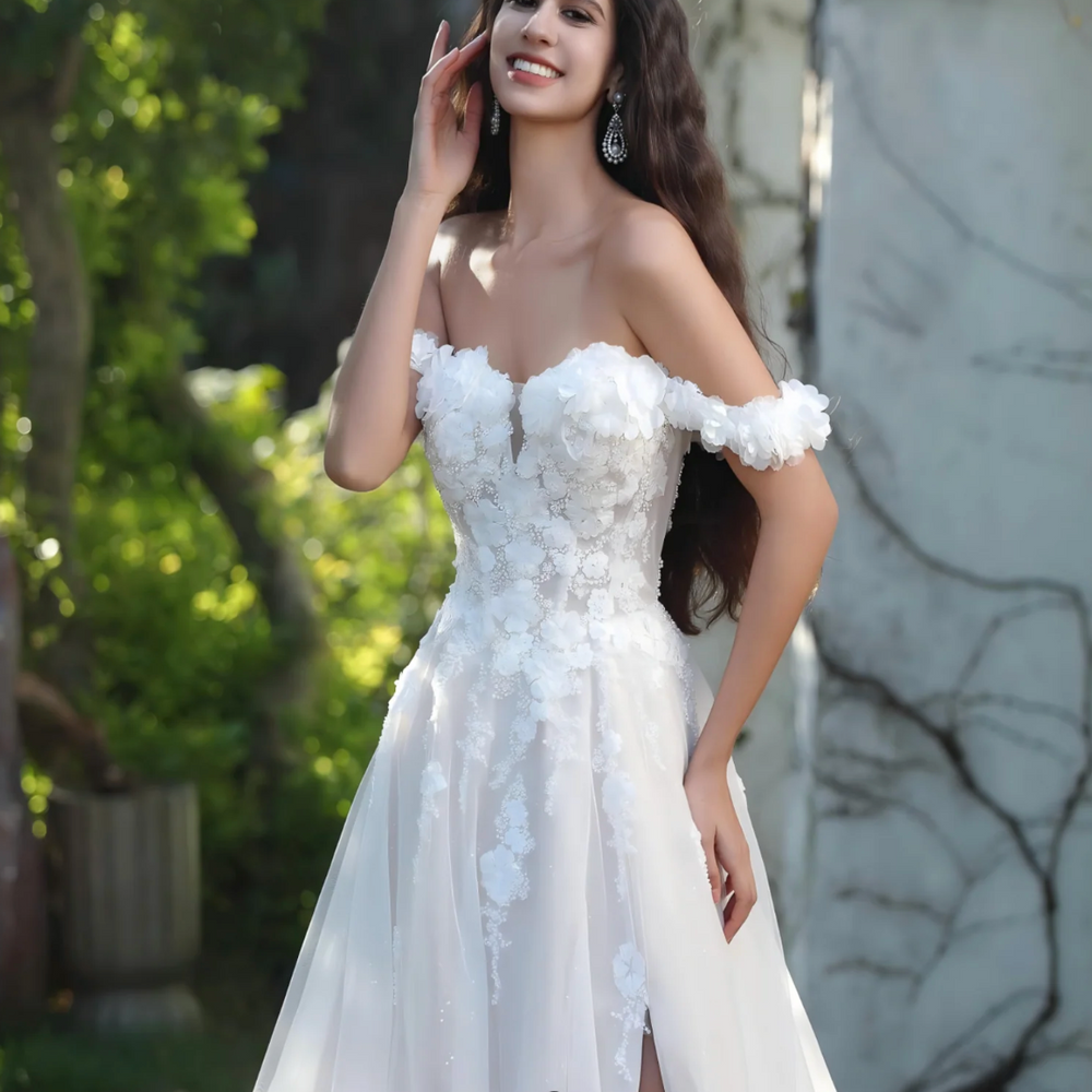 Elegant Floral Off-The-Shoulder A-Line Wedding Gown