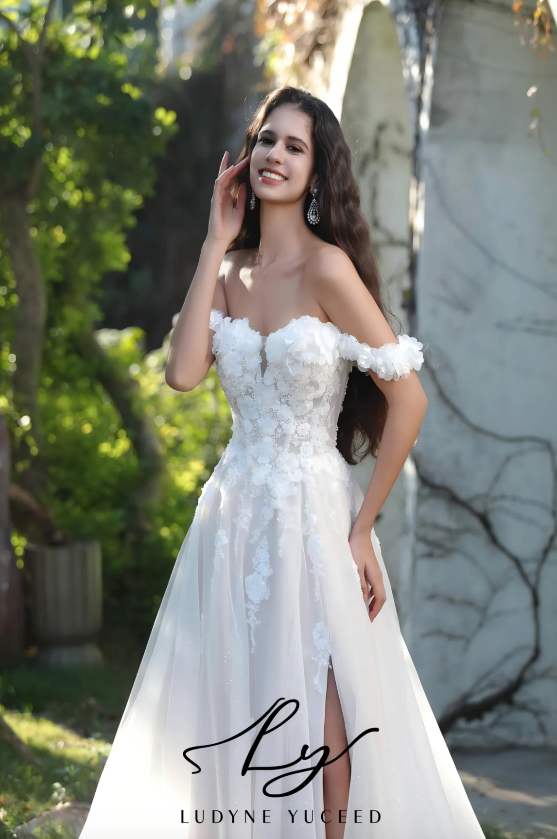 Elegant Floral Off-The-Shoulder A-Line Wedding Gown